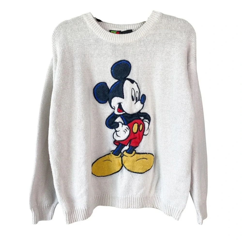 Disney Mickey Sweater L White Vintage Retro Cotton Knit Pullover Magic Kingdom